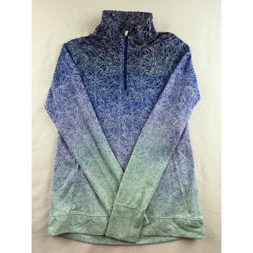 Vineyard Vines Performance Quarter Zip Pullover Blue Leaf Print Women's XXS